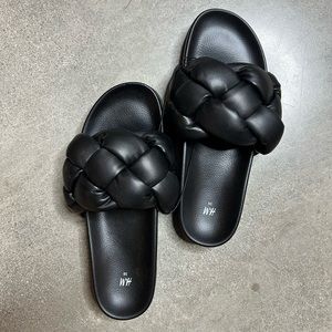 H&M Black Pleather Puff Slides Slippers Sandals NWT
